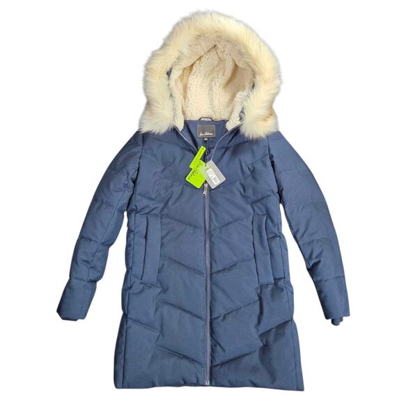 NWT Sam Edelman Women’s Dark Blue Puffer Jacket Fur Hooded Quilted Size XS Coat - Picture 1 of 13